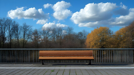 A wooden bench in a serene outdoor setting with trees and clouds.