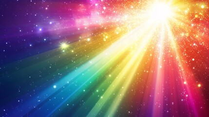 A colorful rainbow effect shines through a prism, creating sparkling diamond-like flares. This is a vector background with a shimmering, sun-like glow.