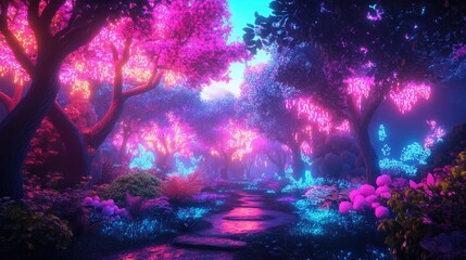 Wall Mural - Vibrant neon lights glowing in a magical forest, casting a fairy tale atmosphere over a dynamic, dreamlike landscape of enchanted trees