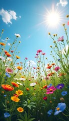 Wall Mural - a vibrant meadow filled with colorful wildflowers blooming under a bright blue sky with fluffy white