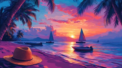 Wall Mural - Vibrant tropical beach landscape with a serene sunset, palm trees swaying, and a straw hat lying in the sand, with colorful boats sailing at dusk