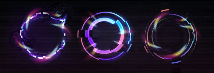 Wall Mural - circle frame with glitch and neon glow effect. digital round geometric light border with vintage vhs