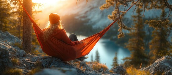 Wall Mural - Relaxing in a Hammock with a Mountain View