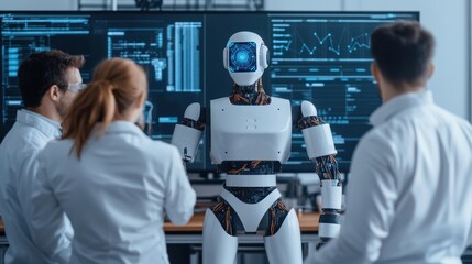 Aufkleber - Scientists and Robot in Laboratory.