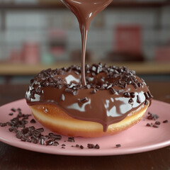 A close-up image showing melted chocolate being poured over a delicious donut, emphasizing the richness and smooth texture of the chocolate and the indulgence of the treat.