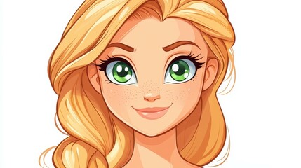 Sticker - A charming cartoon portrait of a blonde girl with striking green eyes, set against a clean white background.