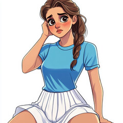 Canvas Print - A cartoon of a pensive brownhaired woman in a blue shirt and white skirt, thoughtfully resting her chin on her hand.