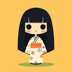 Canvas Print - A chibi girl in a yukata with a simple design, showcasing flat colors and basic shapes against a minimalist backdrop.