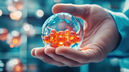 Poster - Hand Holding Glass Sphere with Red Spheres Inside.