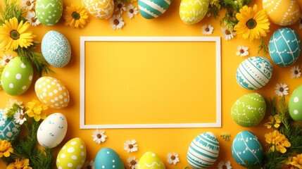 This Easter card showcases a white square frame set against a pastel orange backdrop, surrounded by vibrant eggs and blooming flowers, perfect for celebrating the holiday