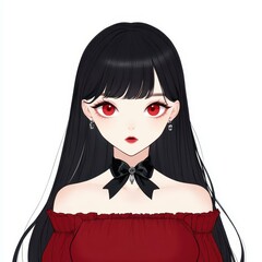 Sticker - A curious young woman with striking red eyes and long black hair, dressed in an offshoulder red top with a bow.