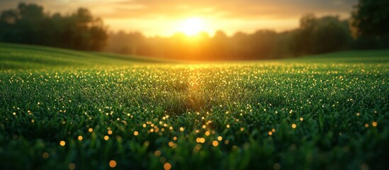 Poster - Dewy Grass Field at Sunset