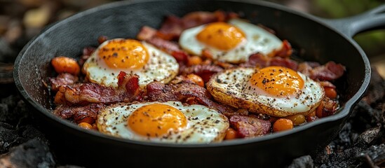 Sticker - Delicious Breakfast with Fried Eggs, Crispy Bacon, and Beans in Cast Iron Skillet