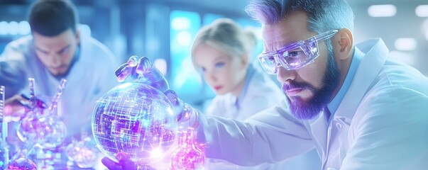 Canvas Print - Scientists in Lab Studying Holographic Globe, Future Tech