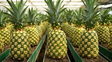 Wall Mural - Fresh Ripe Pineapple Fruit Growing in Greenhouse