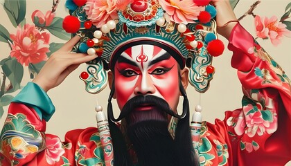 Wall Mural - Vibrant Chinese Opera Performer in Floral Headdress Celebrating Lunar New Year, Captivating Cultural Art for Theatrical Posters and Travel Banners