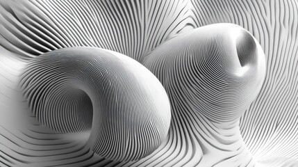 Monochrome line art illustration of a surreal spherical sculpture featuring organic curves and smooth bio forms with a parallel lines pattern on a matte aluminum surface