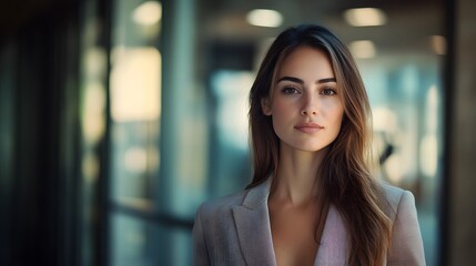 Beautiful smiling girl at workplace look in camera portrait. White collar dress code worker at workspace job offer modern office lifestyle client visit study profession boss market idea coach train.