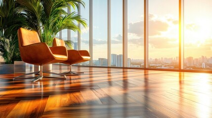Poster - Modern Office with City View and Sunset.