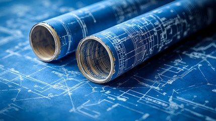 Blueprint rolls on a detailed architectural plan background.