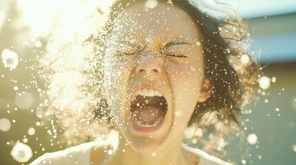 Poster - Woman Screaming with Water Spray in Sunlight