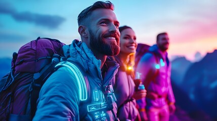 Smiling Hikers with Futuristic Tech at Sunset