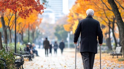 Canvas Print - Elderly Man Walking with Cane in Autumn Park