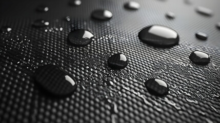 Wall Mural - Close-up of water droplets on a textured surface, highlighting reflections and details.