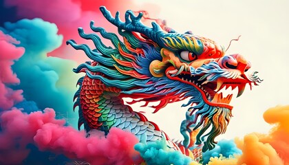 Wall Mural - Mystical Chinese dragon sculpture enveloped in vibrant colorful smoke, embodying the spirit of Lunar New Year and showcasing traditional Asian art for cultural celebrations