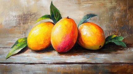 Oil painting of ripe mango on wooden surface featuring a vibrant depiction of mango and natural wood texture