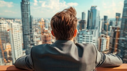 Businessman Looking Out Over City Skyline.