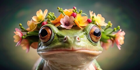 Symmetrical abstract art of frog wearing flowers wreath