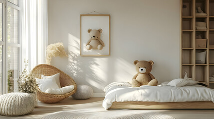 Wall Mural - Cozy children's bedroom with soft textures and a teddy bear theme.