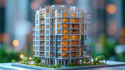 Real estate project showing a multifloor residential building under construction in miniature model style, ideal for off-plan investment and infrastructure progress. Wide banner with copyspace for use