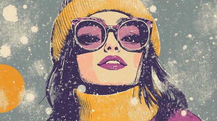 Playful winter fashion illustration of a cheerful young woman