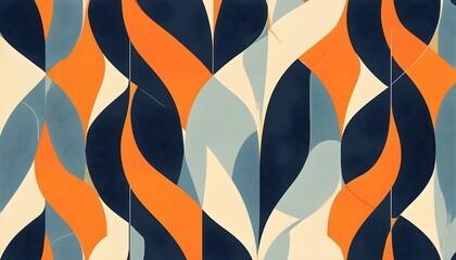 Mid-century geometric pattern featuring soft curves in navy and orange, blending retro and modern styles for versatile wallpaper and upholstery use