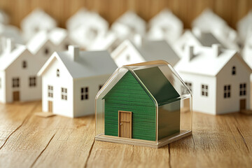 Wall Mural - 3D rendering showcasing rows of white houses on wooden wallpaper, highlighting a protected greenhouse, emphasizing housing insurance and property protection.