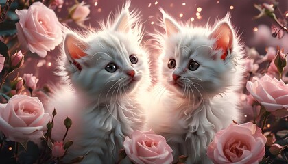 Adorable white kittens with gentle gazes amidst a halo of pale pink roses for a charming Valentines Day celebration design