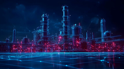 Poster - Futuristic industrial landscape with digital connections and vibrant lighting.