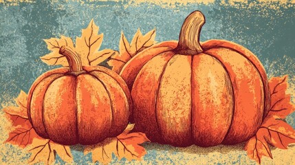 Poster - Doodle inspired illustration of textured pumpkins and leaves for coloring