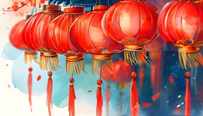 Festive watercolor illustration of vibrant red lanterns for Lunar New Year celebration, perfect for greeting cards and event banners.