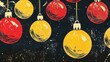 © Seyyar - Close up illustration of vibrant golden red and yellow Christmas ornaments on a dark surface