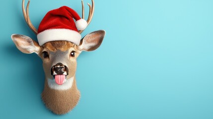 Sticker - Funny Reindeer with Santa Hat on Blue Background