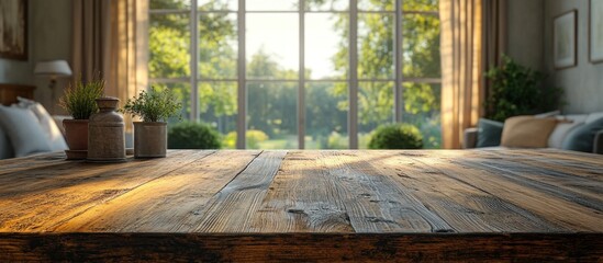 Poster - Rustic Wooden Tabletop with Window View