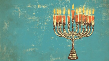 Illustration of a Silver menorah with lit candles on a light blue background featuring space for text Celebration theme