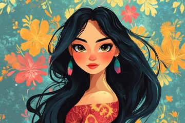 2D cartoon illustration of a girl s portrait featuring vibrant colors and whimsical design