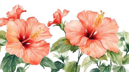 Hand painted watercolor illustration of tropical hibiscus flowers in a botanical style