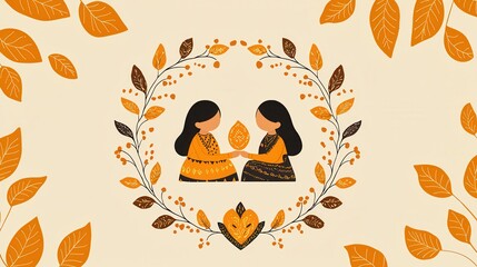 Autumn Leaves Frame with Two Girls Holding Fall Foliage