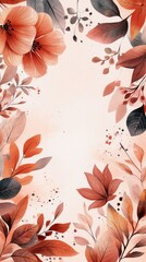 This beautiful autumn floral garland features muted colors and delicate watercolor flowers, set against a subtle pastel orange background, perfect for seasonal greetings