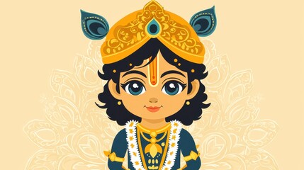 Cute Cartoon Illustration of Krishna with Peacock Feathers and Floral Mandala Background